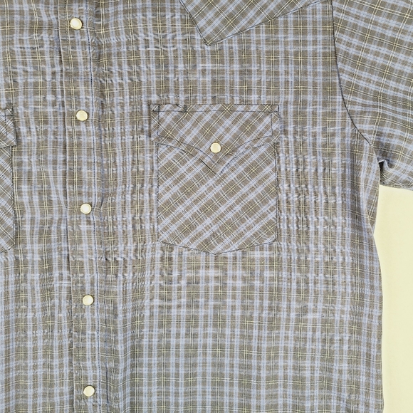 Plains Western Wear Blue Plaid Shirt Short Sleeve Pearl Snap Buttons Size Large - Picture 3 of 13